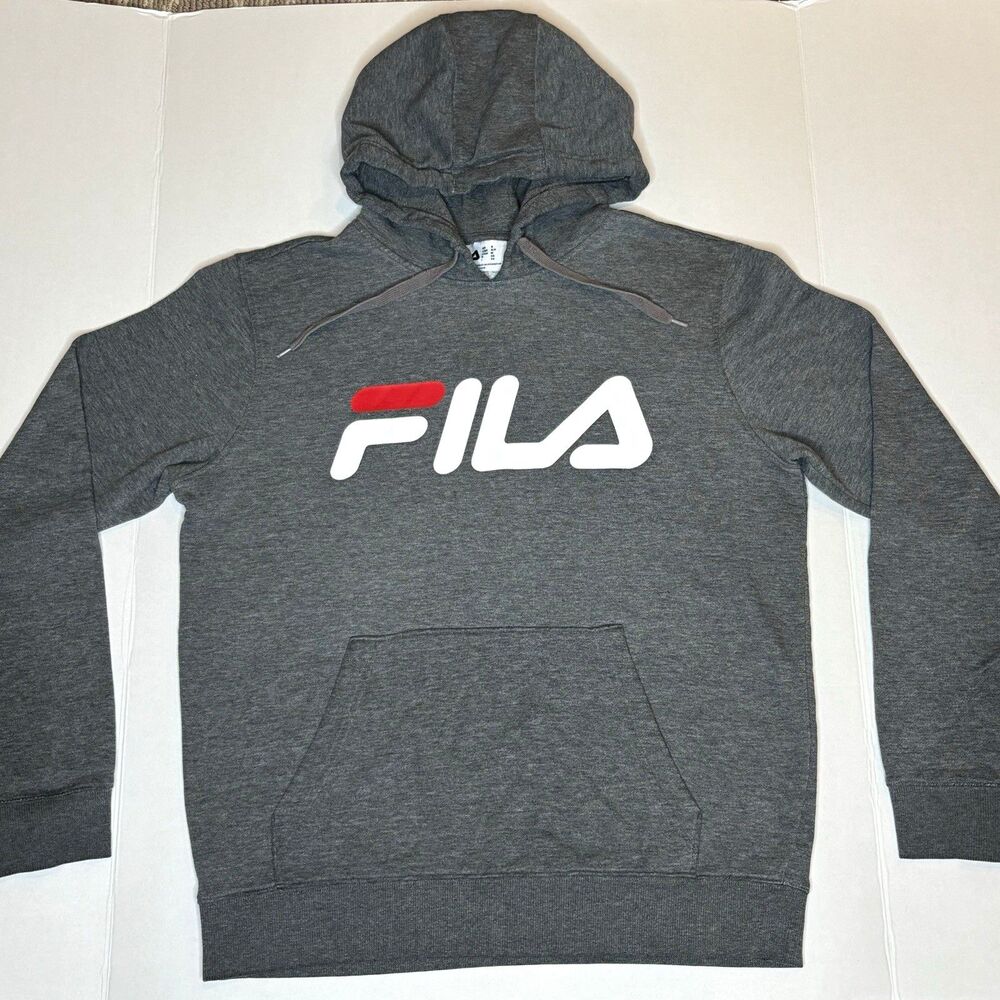 FILA Gray Men's Pullover Hoodie S Fleece Cotton/Poly Logo Kangaroo Pocket